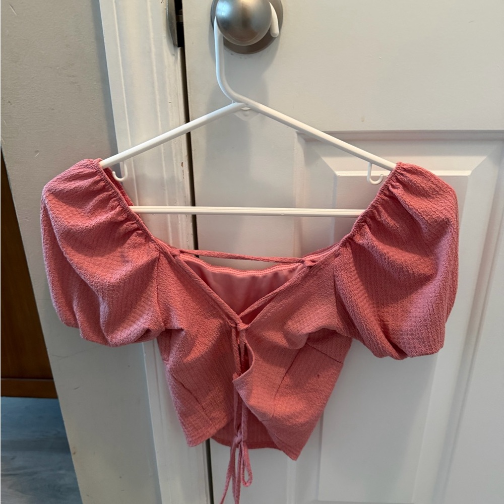 Pink Puff-Sleeve Tie-Front Crop Top